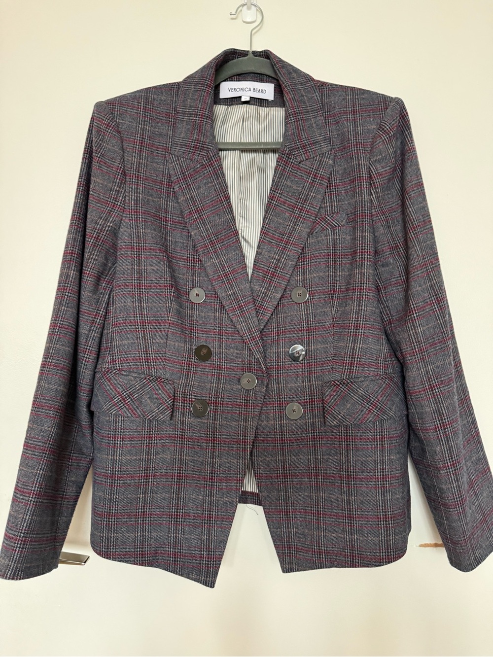 Veronica Beard Gray Plaid Double-Breasted Dickey Blazer with Red Windowpane